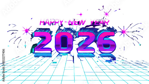 Happy new year 2026 graphic with fireworks and a grid background in pink and blue colors design