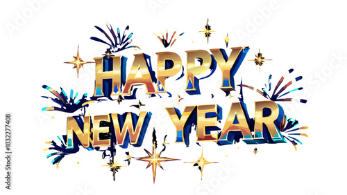 Happy new year golden text with stars and fireworks on a white background illustration art design