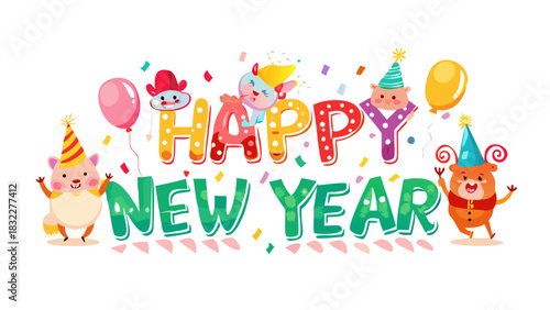 Happy new year greeting with cartoon animals wearing party hats and colorful confetti decorations around text