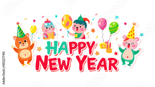 Cartoon happy new year illustration with animals balloons gifts and confetti on a white background image