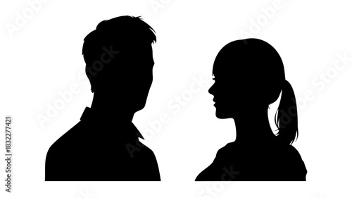 Silhouette of a man and woman facing each other in black and white style design art work
