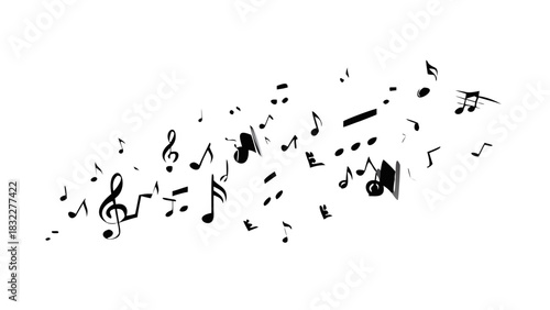 Black musical notes scattered across a white background creating a dynamic and lively composition