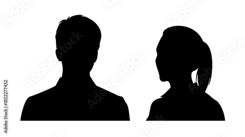 Silhouette of a man and a woman facing each other with a white background and black color in the image