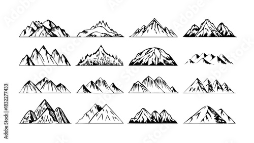 Illustration showing a collection of stylized mountain range silhouettes in black and white color scheme