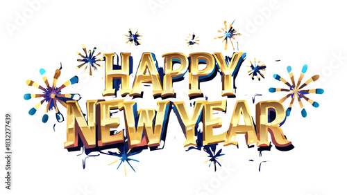 Golden happy new year text with fireworks on a white background for celebration of new year eve