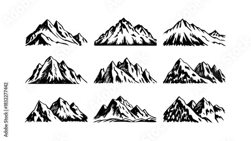 Collection of nine mountain range illustrations in black and white with varied peak configurations