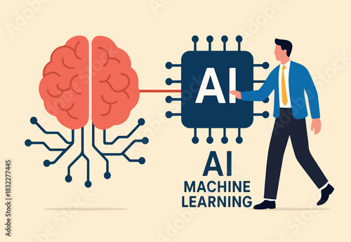 AI machine learning, neural network technology or human to work together with AI artificial intelligence, innovation technology concept, businessman connect human brain with AI chip processing unit.
