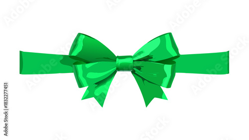 A vibrant green ribbon tied into a bow with a shiny surface against a white background image view