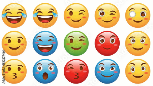A collection of fifteen colorful emoji faces displaying a variety of expressions and emotions online