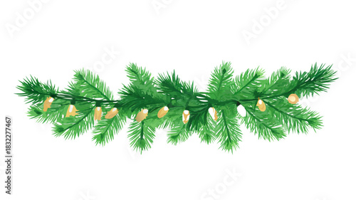 Watercolor christmas garland with pine branches and string lights decoration for holiday season