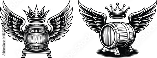 Winged Barrel Emblem Illustration with Crown, Vintage Brewing Badge Art.