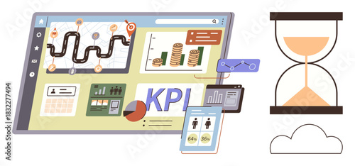 Interactive dashboard displaying timeline, KPI metrics, financial charts, data visuals, and analytics tools. Ideal for business strategy, performance tracking, goal setting, decision-making project