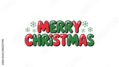 Festive merry christmas text in bubbly red and green lettering with snowflakes for holiday greetings