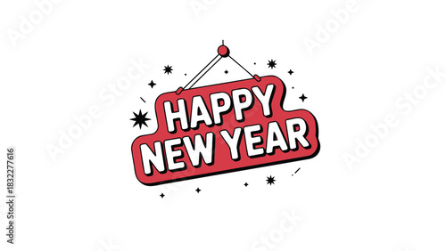 Festive red sign with happy new year text hanging with string and small starbursts against a white background