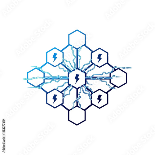 Dynamic energy grid illustration, connecting power nodes with vibrant blue lightning, ideal for renewable energy, smart technology, and futuristic concepts