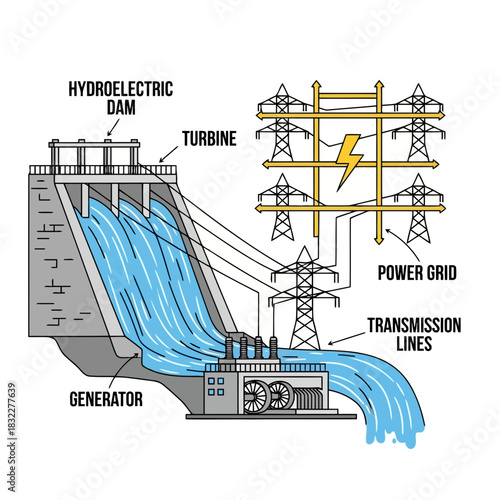 Dynamic illustration of hydroelectric power generation showcasing the dam, turbine, power grid, and transmission lines for sustainable energy resources