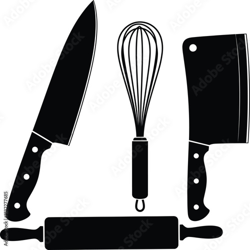 Kitchen utensil set silhouette cooking accessories black and white design.
