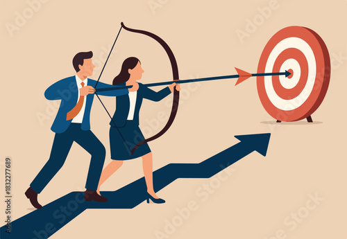 : Aiming at target, reaching goal or achievement, team collaboration or partnership, teamwork or corporate mission concept, business man and woman, people help carry archery bow to hit target bullseye