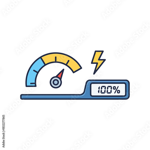 Power gauge showing 100% charge, representing full battery capacity, energy efficiency, and optimal performance in electric vehicles and renewable technologies