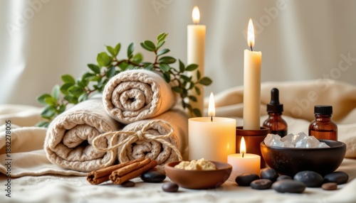 Wallpaper Mural Cozy Spa Setup with Soft Towels, Candles, Essential Oils, and Natural Elements for Relaxation and Wellness Torontodigital.ca
