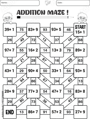 Addition maze puzzle game worksheet for child