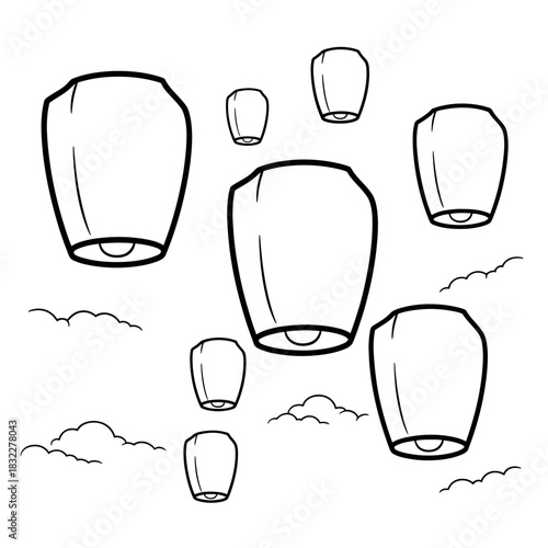 Several sky lanterns float upwards against a cloudy sky.