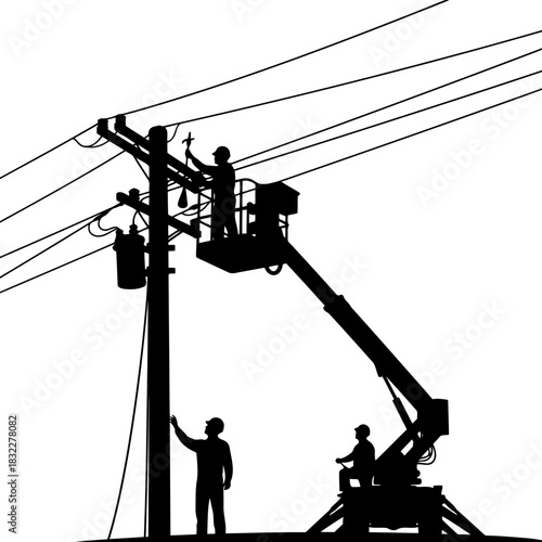 Skilled electrical workers repair power lines with bucket truck, ensuring reliable energy infrastructure with dedicated teamwork and expert maintenance
