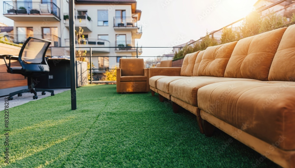 Obraz premium Outdoor Urban Oasis: An inviting outdoor space with a comfortable sofa and office chair set against the backdrop of an apartment building, combining work and relaxation amidst a urban landscape.