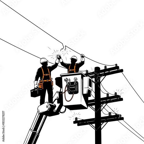 Dynamic linemen repairing power lines from bucket truck, sparks flying in a skilled electrical maintenance operation, vector based illustration for scalable use