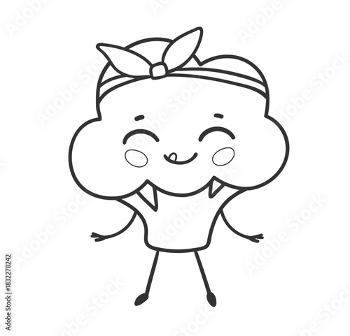 Vector illustration of a cute broccoli with smiling face and headband in black and white. Line art isolated vegetable object.