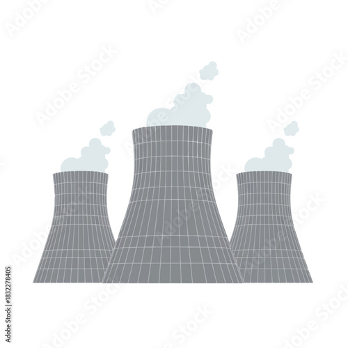 Three nuclear power plant cooling towers emitting steam, symbolizing energy production, industrial power, and potential environmental impact on society