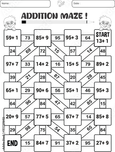 Addition maze puzzle game worksheet for child