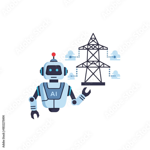 Futuristic AI robot managing power grid transmission lines and cloud data, showcasing smart energy solutions and automation, originally vector graphics