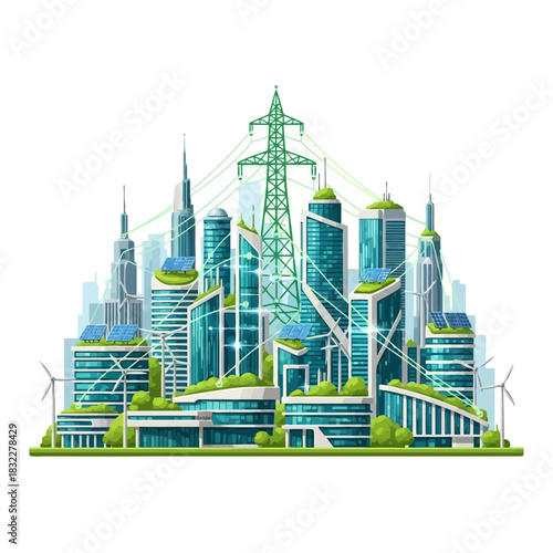 Modern eco city skyline with wind turbines and solar panels, green energy infrastructure for sustainable urban environment and renewable power solutions