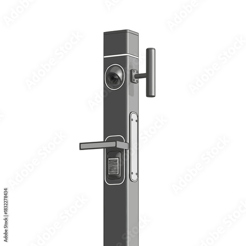 Modern smart lock system with camera, keypad, and lever handle for enhanced security and access control, perfect for home automation and safety technology