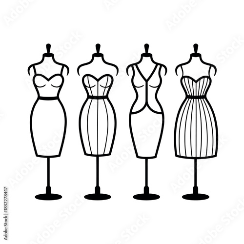 Four stylized female mannequins display different dress designs in a clean illustration.
