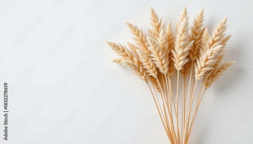 Fototapeta premium Dried wheat stalks arranged on a light background showcasing natural textures and subtle colors for decorative purposes
