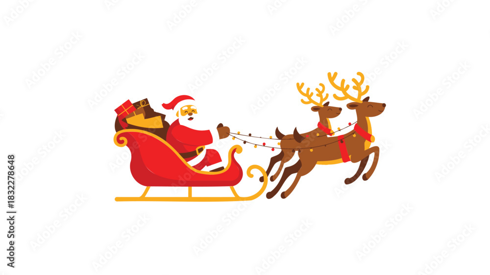 Fototapeta premium Joyful santa claus in his sleigh pulled by reindeer flying through the sky on christmas eve night