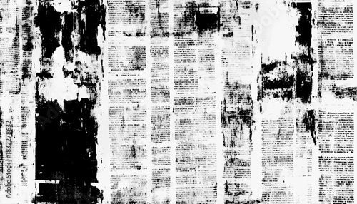 Old newspaper background texture wallpaper design. Waste paper and old newspapers. Distressed newspaper texture in black and white with torn and ink-stained areas for vintage aesthetic. 