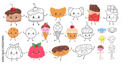 Vector illustration of cute desserts and sweets in color and black and white. Line art and color food character set.