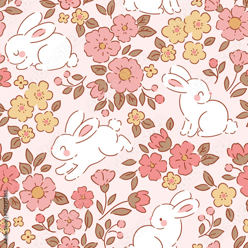 White rabbits and summer flowers. Seamless vector pattern. Hand drawn floral background.