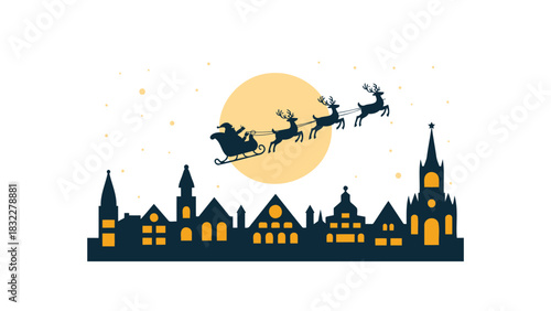 Silhouette of santa claus flying his reindeer sleigh across a large full moon over a charming european town skyline