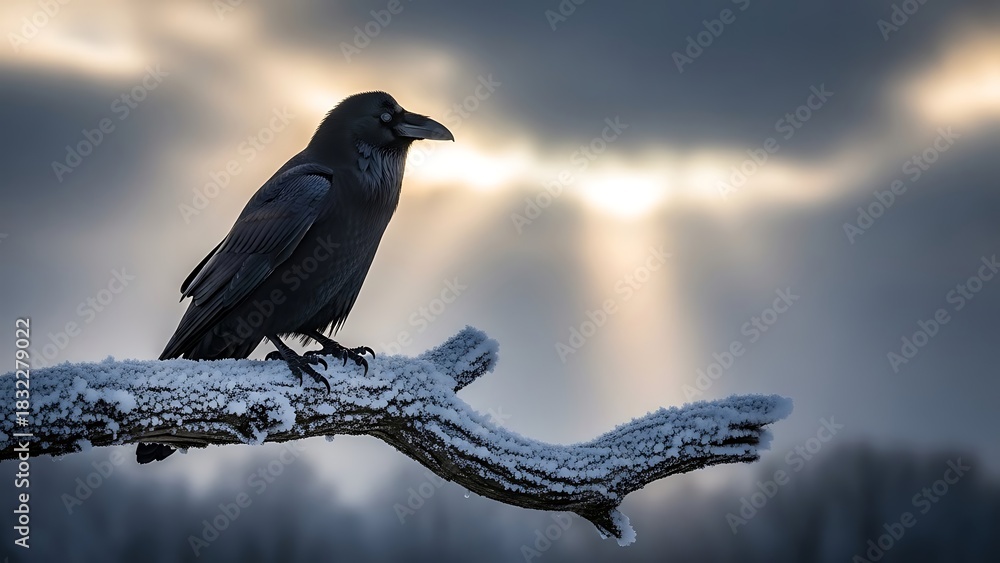 Fototapeta premium Majestic raven perched on a frost-covered branch against a dramatic, back-lit winter sky with ethereal sunbeams breaking through clouds