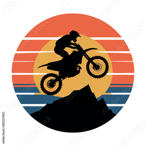 Motocross rider performs a jump against a retro sunset and mountain silhouette.