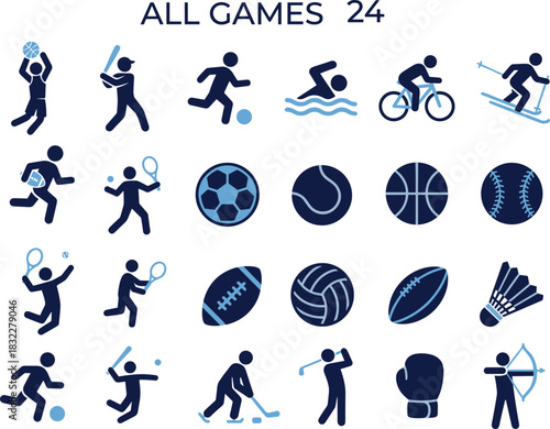 Blue vector set of twenty four sports icons featuring athletes silhouettes, game balls, and equipment like rackets and bats, isolated on white for design projects.