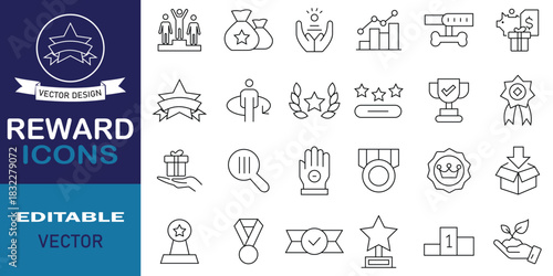 Reward line icon set. Including gift, trophy, recognition, badge, prize, medal, certificate, and others. Simple web line icons set. Vector illustration.