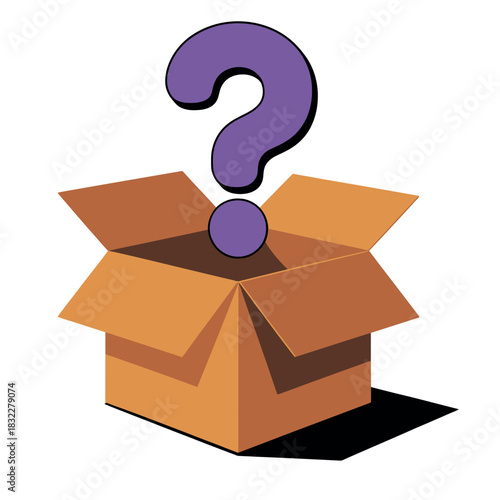 A purple question mark hovers above an open cardboard box.