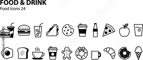 Food and drink vector icons set, collection of black outline symbols including burger, pizza, coffee, for restaurant menu, cafe branding, mobile app, web design project.