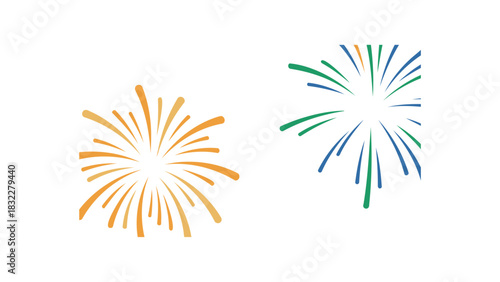 Two vibrant abstract bursts of colorful fireworks exploding in a bright white background celebrating a festive occasion