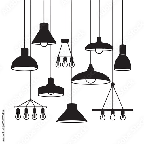 Minimalist Black Silhouette Set of Hanging Lamps and Chandeliers